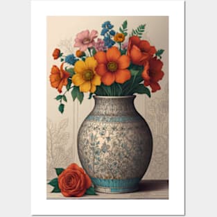 Beautiful vase over colorful floral background. Posters and Art